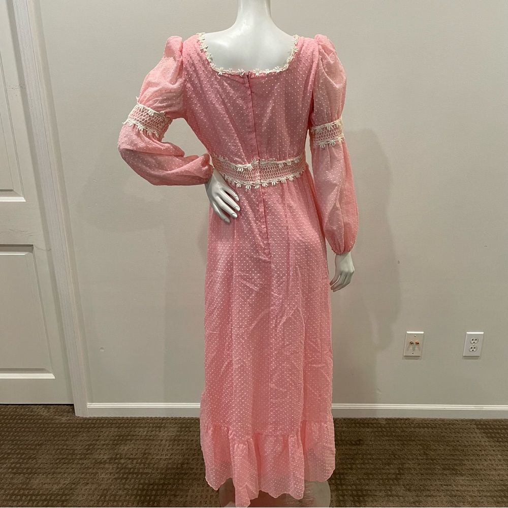 VINTAGE J.C. Penney Pink & White Swiss Dot Princess Floral 1976 Maxi Dress - Picture 2 of 11